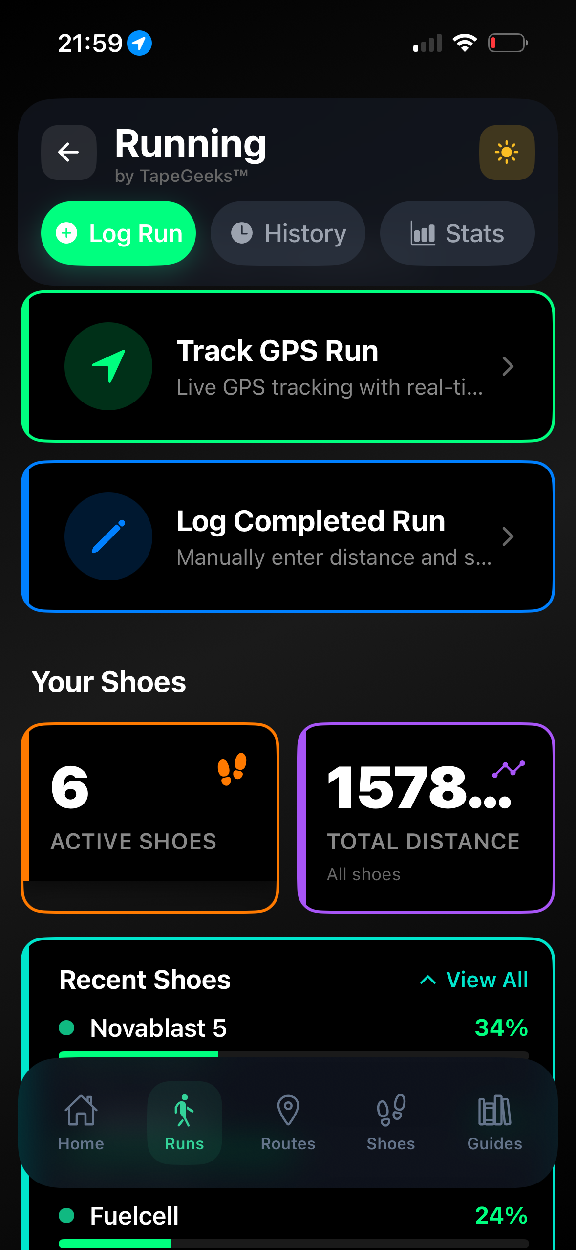 RunMate Pro running screen showing Track GPS Run with 6 active shoes and 1,578km total shoe distance