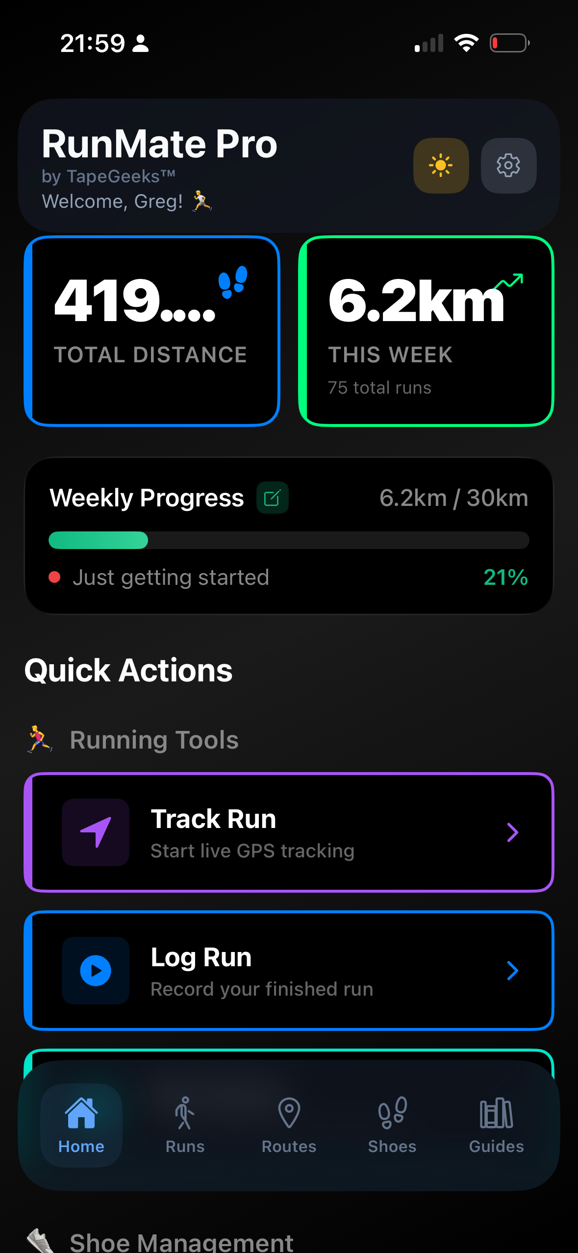 RunMate Pro home dashboard showing 419km total distance, weekly progress, and quick actions
