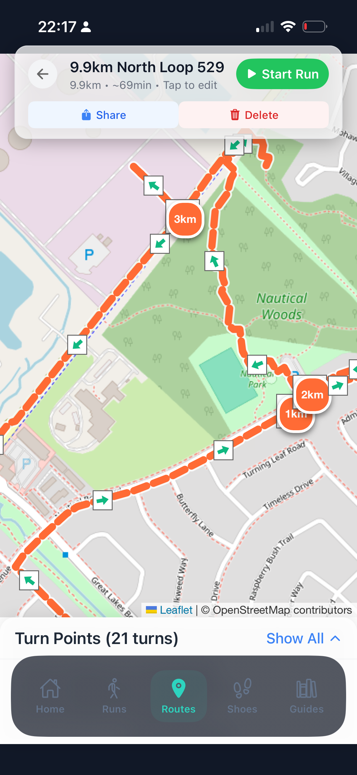 RunMate Pro route map showing a 9.9km North Loop with elevation