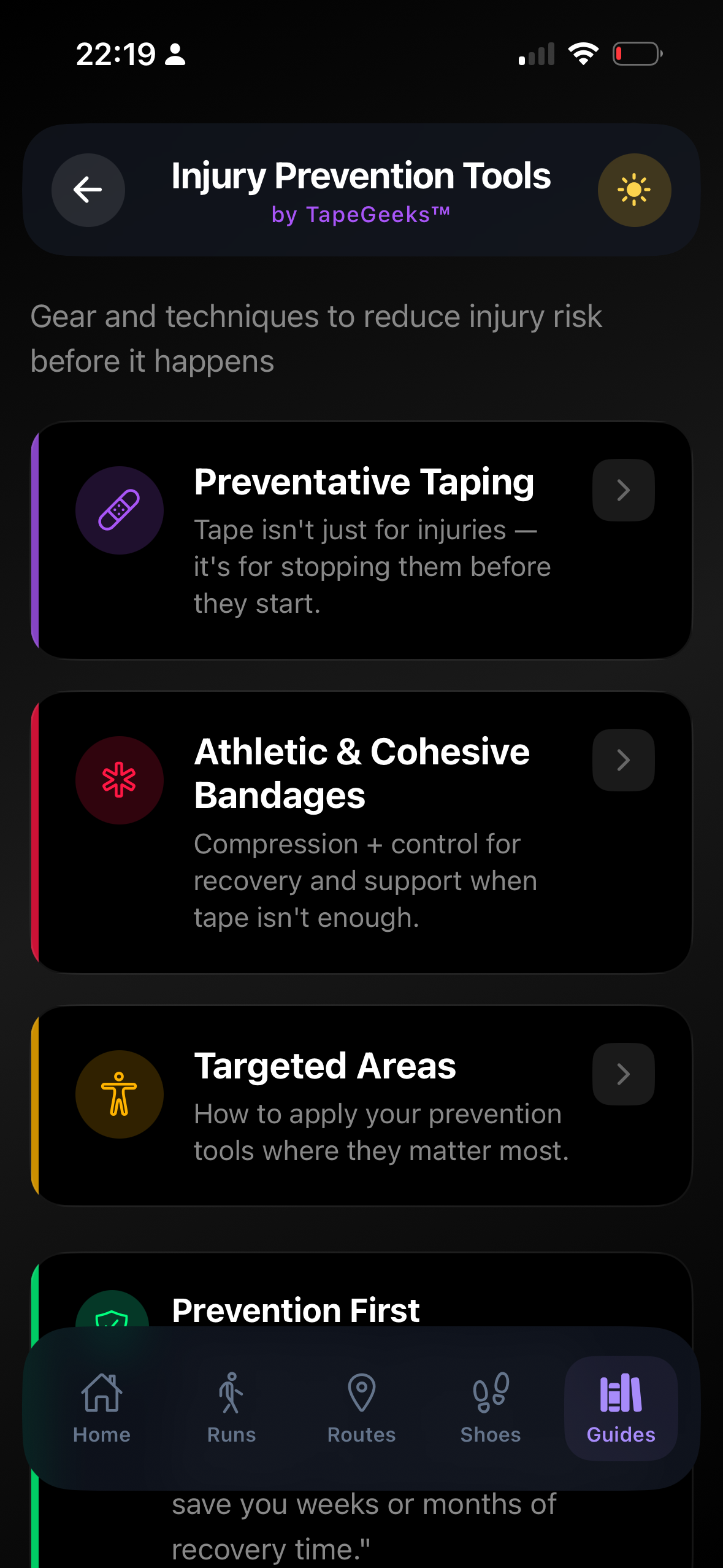 RunMate Pro Injury Prevention Tools showing Preventative Taping, Athletic Bandages, and Targeted Areas